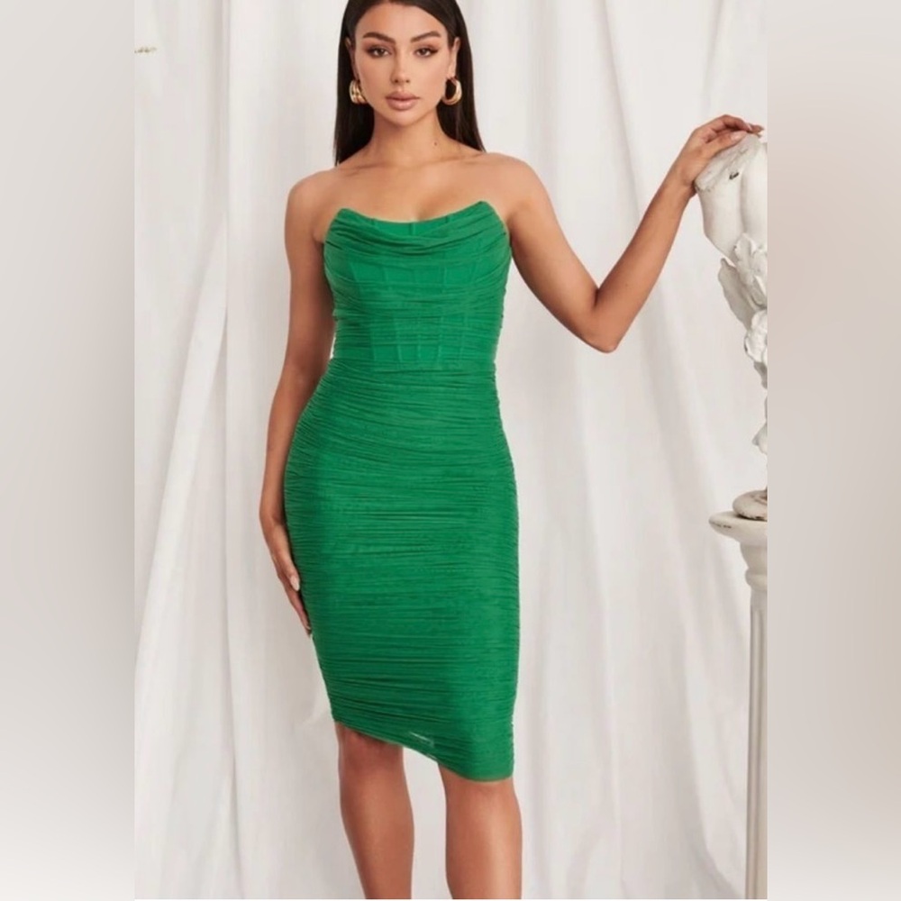 Lavish Alice Green Strapless Ruched Midi Dress